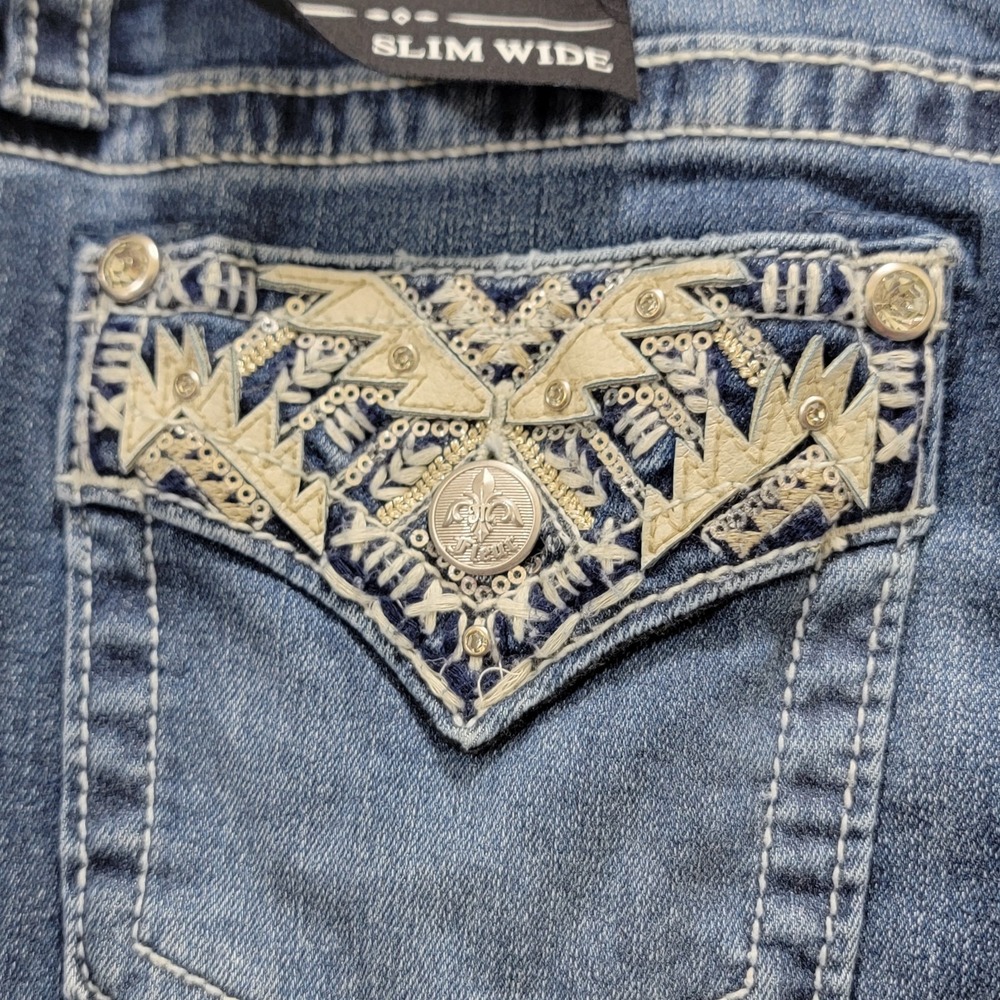 Fleur by Miss Me Womens Jeans Sz 29/8 32L Boot Cut Embellished Pockets Slim Wide